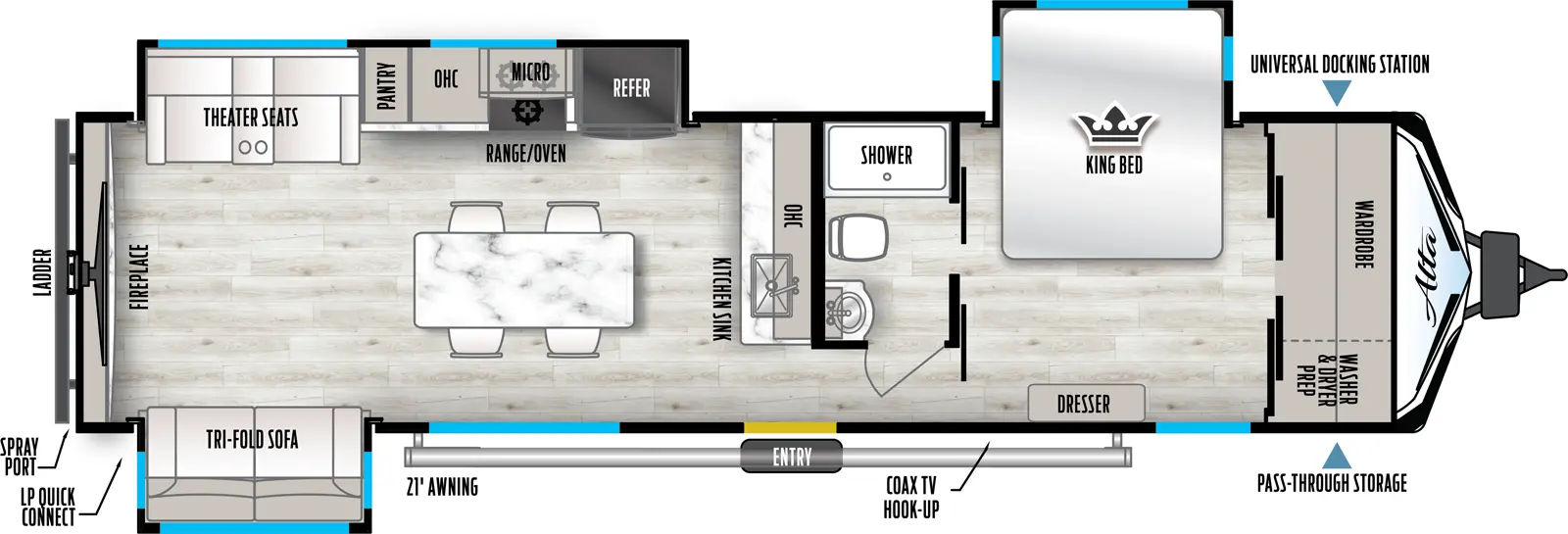 The 3250KXT has three slideout and one entry. Exterior features universal docking station, pass-through storage, coax TV hookup, 21 foot awning, LP quick connect, spray port, and ladder. Interior layout front to back: wardrobe with washer/dryer prep, off-door side king bed slideout, and door side dresser; off-door side full bathroom; kitchen counter with sink and overhead cabinet along inner wall; off-door side slideout with refrigerator, microwave, oven/range, overhead cabinet, pantry, and theater seats; door side entry and slideout with tri-fold sofa; kitchen island with seating; rear TV with fireplace.